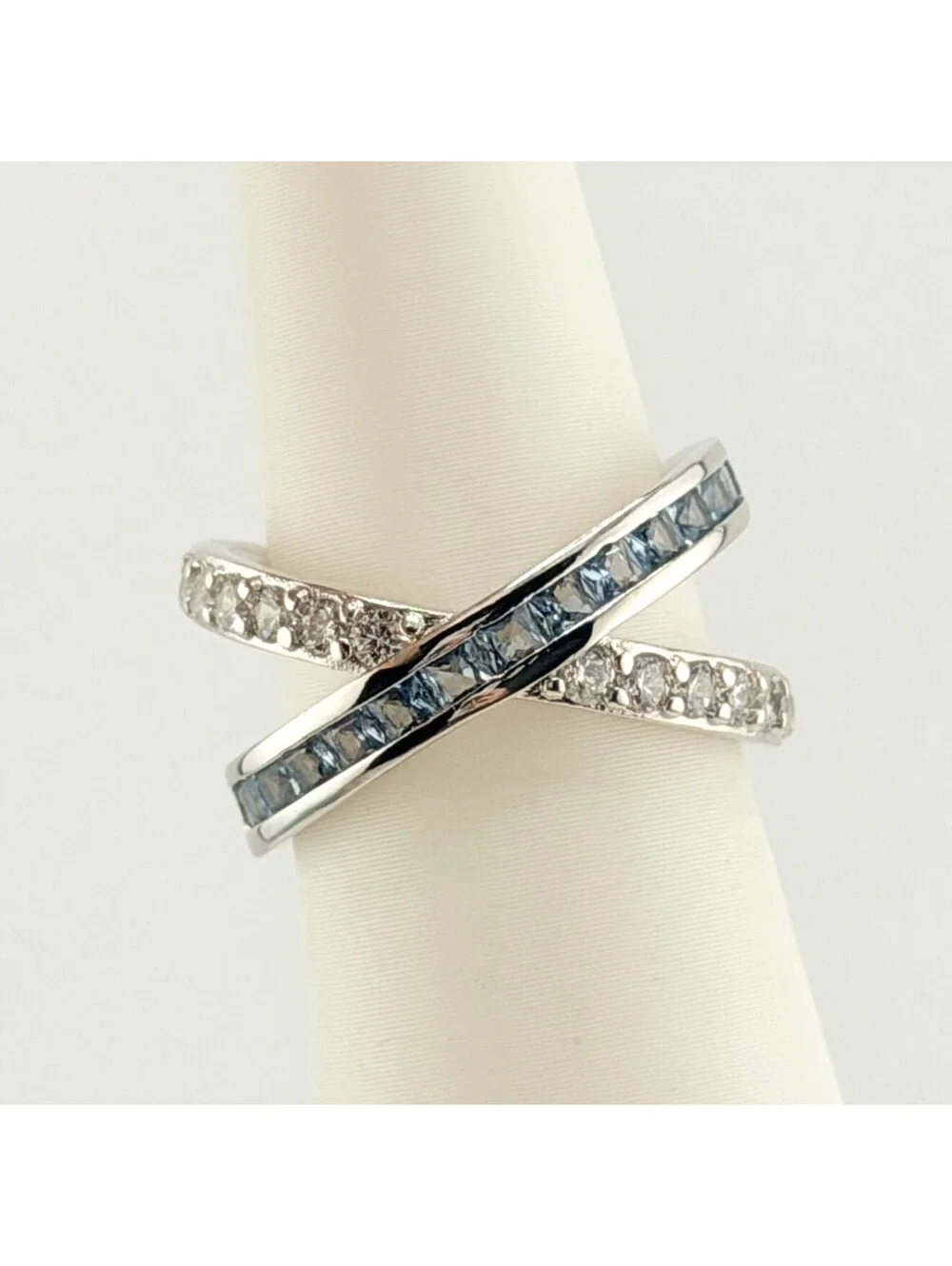Bomb Party March Ring Sz 7 Aquamarine & Clear CZ on Rhodium Crossover Ring